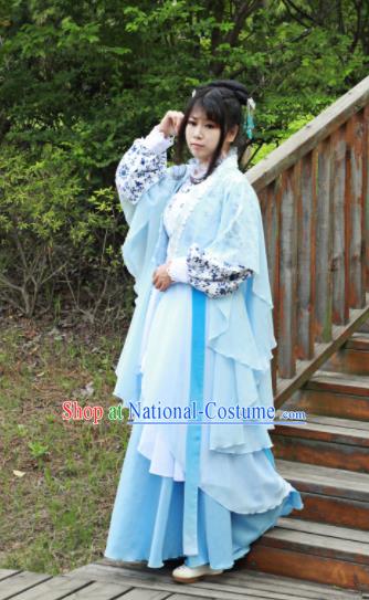 Chinese Traditional Cosplay Peri Princess Costume Ancient Swordswoman Blue Hanfu Dress for Women