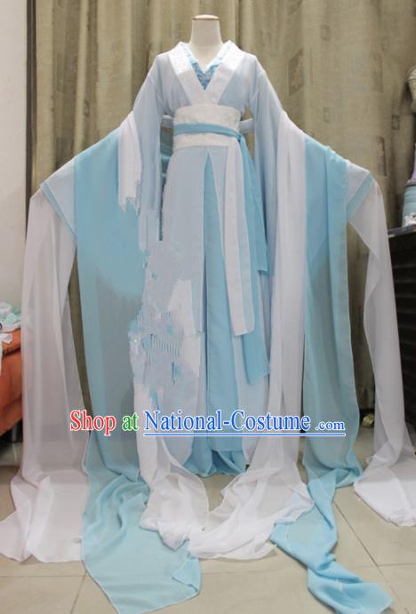 Chinese Traditional Cosplay Swordswoman Costume Ancient Peri Princess Blue Hanfu Dress for Women