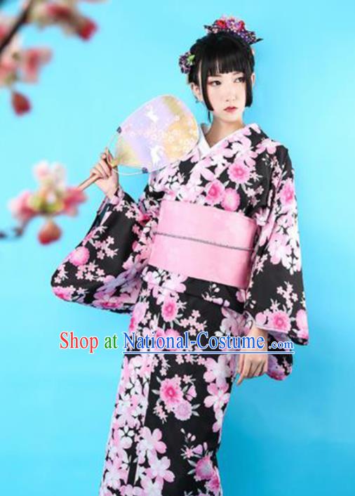 Japanese Traditional Handmade Furisode Kimono Black Dress Asian Japan Geisha Yukata Costume for Women