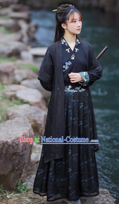 Chinese Ancient Swordswoman Embroidered Black Hanfu Dress Song Dynasty Young Lady Historical Costume for Women