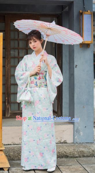 Handmade Japanese Traditional Costume Geisha Light Blue Furisode Kimono Dress Asian Japan Yukata for Women