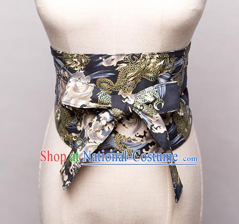 Japanese Traditional Kimono Printing Dragon Black Belts Asian Handmade Japan Geisha Yukata Waistband for Women