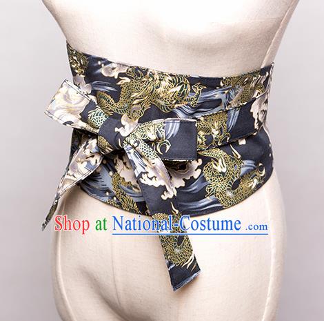 Japanese Traditional Kimono Printing Dragon Black Belts Asian Handmade Japan Geisha Yukata Waistband for Women