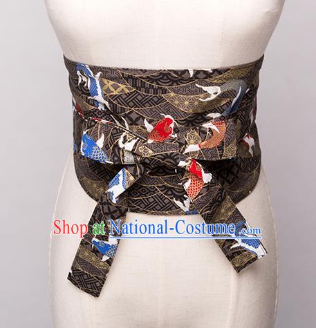 Japanese Traditional Kimono Printing Fishes Black Belts Asian Handmade Japan Geisha Yukata Waistband for Women