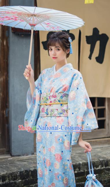 Handmade Japanese Traditional Costume Light Blue Furisode Kimono Dress Asian Japan Yukata for Women