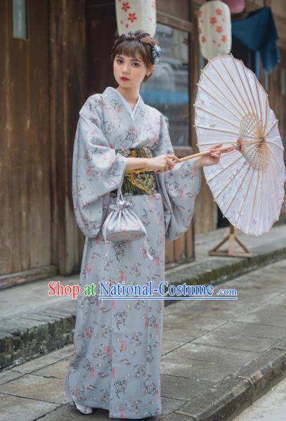 Handmade Japanese Traditional Costume Grey Furisode Kimono Dress Asian Japan Yukata for Women