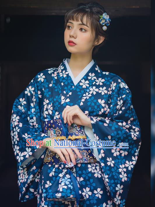 Handmade Japanese Traditional Costume Printing Sakura Blue Furisode Kimono Dress Asian Japan Yukata for Women