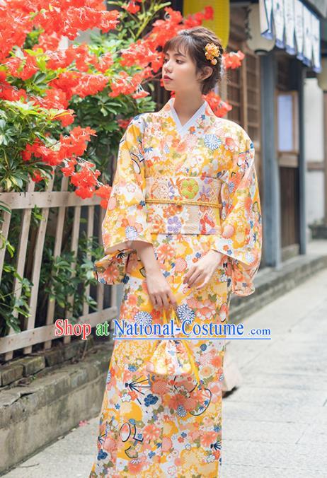 Handmade Japanese Traditional Costume Printing Yellow Furisode Kimono Dress Asian Japan Yukata for Women