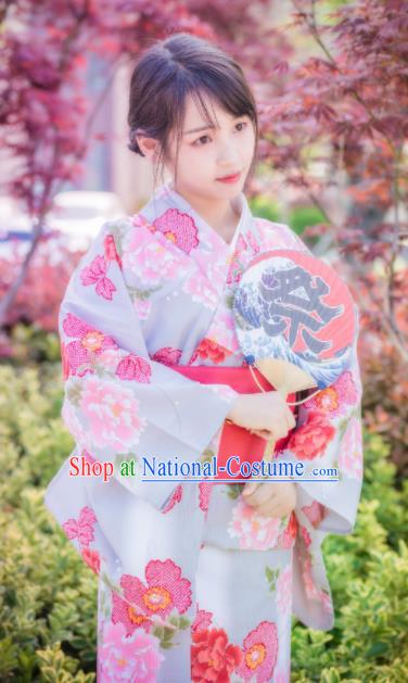 Japanese Traditional Costume Geisha Printing Peony Furisode Kimono Asian Japan Yukata Dress for Women