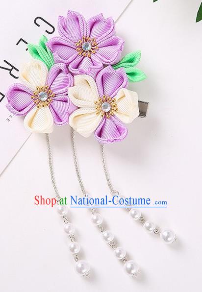 Japanese Traditional Kimono Hair Accessories Handmade Japan Geisha Purple Sakura Tassel Hair Claw for Women