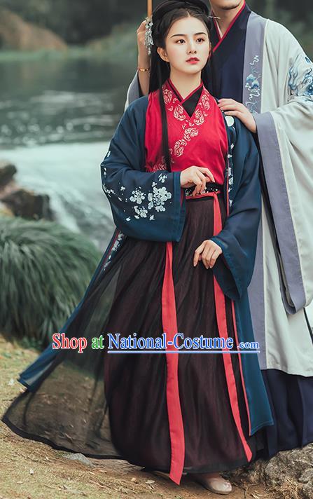 Chinese Ancient Female Swordsman Embroidered Hanfu Dress Jin Dynasty Nobility Lady Historical Costume for Women