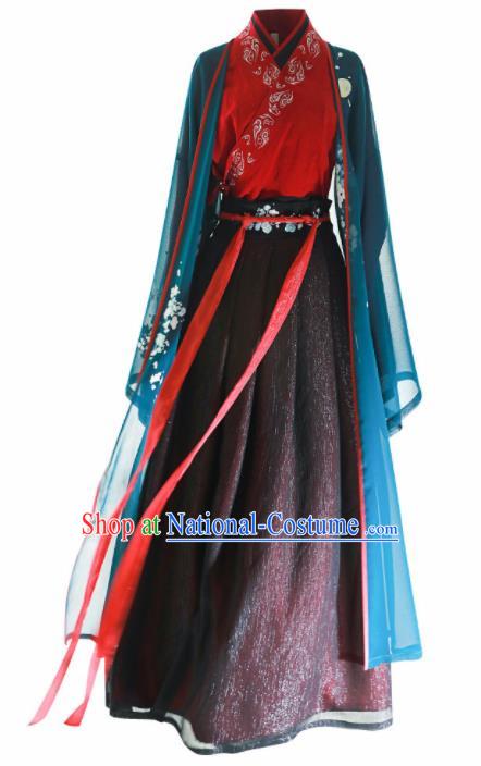 Chinese Ancient Female Swordsman Embroidered Hanfu Dress Jin Dynasty Nobility Lady Historical Costume for Women