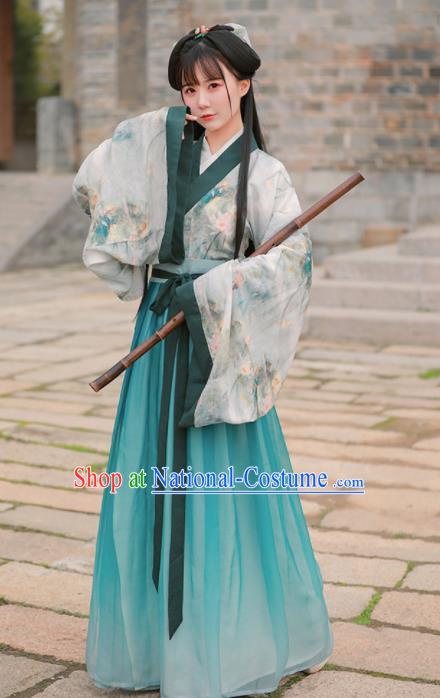 Chinese Ancient Princess Green Embroidered Hanfu Dress Jin Dynasty Historical Costume for Women