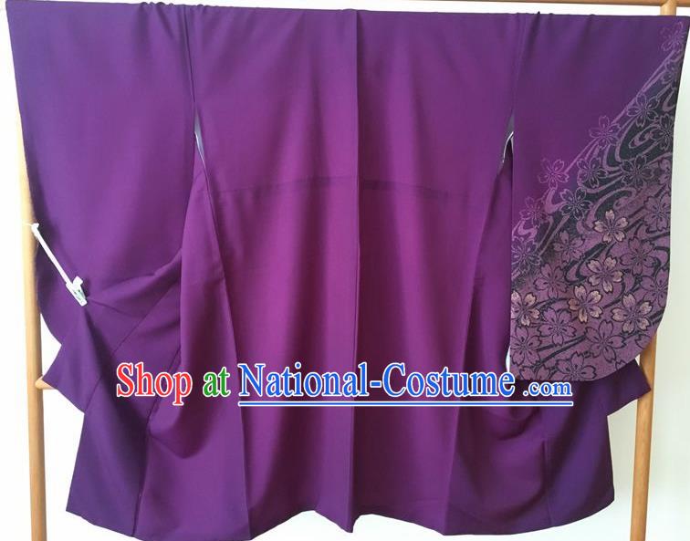 Japanese Traditional Costume Geisha Printing Purple Furisode Kimono Asian Japan Yukata Dress for Women