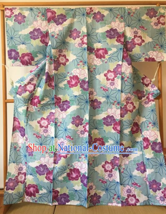 Japanese Traditional Costume Okuni Printing Peony Green Furisode Kimono Asian Japan Geisha Yukata Dress for Women