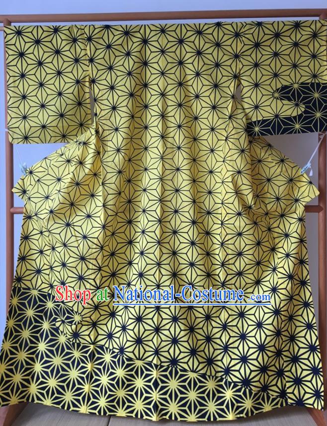 Japanese Traditional Costume Okuni Yellow Furisode Kimono Asian Japan Geisha Yukata Dress for Women