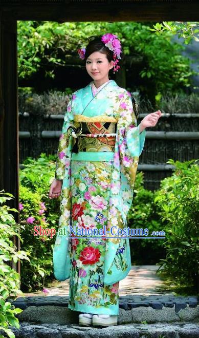 Japanese Traditional Green Furisode Kimono Asian Japan Costume Geisha Yukata Dress for Women