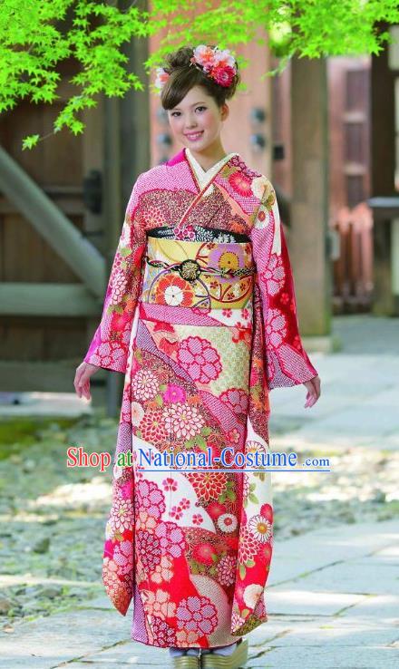 Japanese Traditional Printing Rosy Furisode Kimono Asian Japan Costume Geisha Yukata Dress for Women