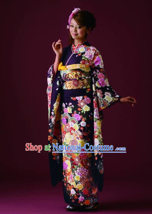 Japanese Traditional Printing Peony Purple Furisode Kimono Asian Japan Costume Geisha Yukata Dress for Women