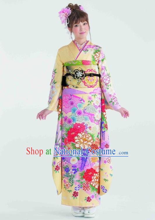 Japanese Traditional Printing Peony Yellow Furisode Kimono Asian Japan Costume Geisha Yukata Dress for Women