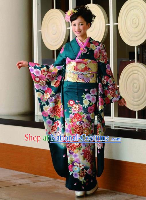 Japanese Traditional Printing Peony Iromuji Deep Green Furisode Kimono Asian Japan Costume Geisha Yukata Dress for Women