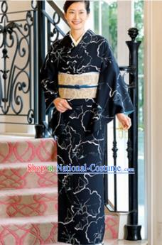 Japanese Traditional Black Furisode Kimono Asian Japan Costume Geisha Yukata Dress for Women