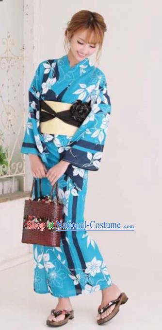 Japanese Traditional Blue Kimono Asian Japan Costume Geisha Yukata Dress for Women