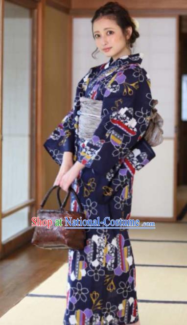 Japanese Traditional Navy Blue Kimono Asian Japan Costume Geisha Yukata Dress for Women