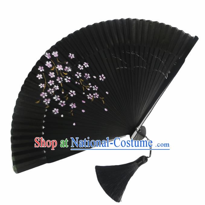 Japanese Traditional Printing Sakura Black Accordion Folding Fans Asian Japan Handmade Geisha Kimono Fan for Women