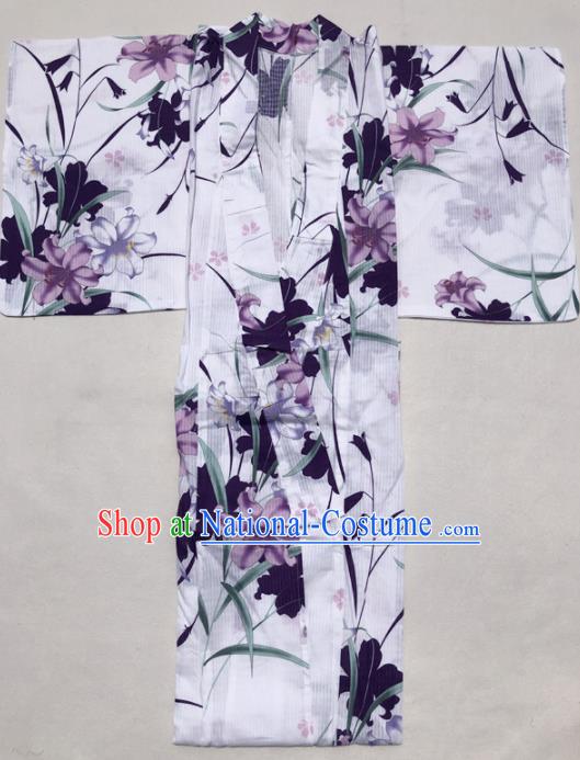 Traditional Japanese Classical Printing Lily Flowers White Kimono Asian Japan Costume Geisha Yukata Dress for Women