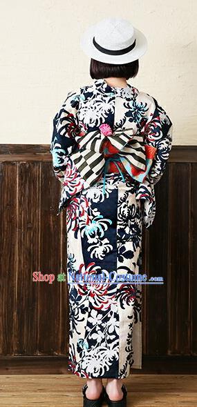 Traditional Japanese Classical Printing Chrysanthemum Kimono Asian Japan Costume Geisha Yukata Dress for Women