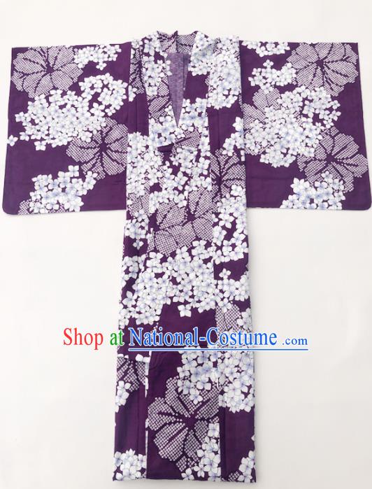 Traditional Japanese Classical Printing Hydrangea Purple Kimono Asian Japan Costume Geisha Yukata Dress for Women