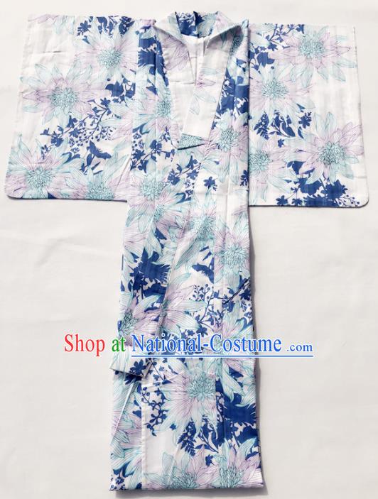 Traditional Japanese Classical Printing Dahlia White Kimono Asian Japan Costume Geisha Yukata Dress for Women