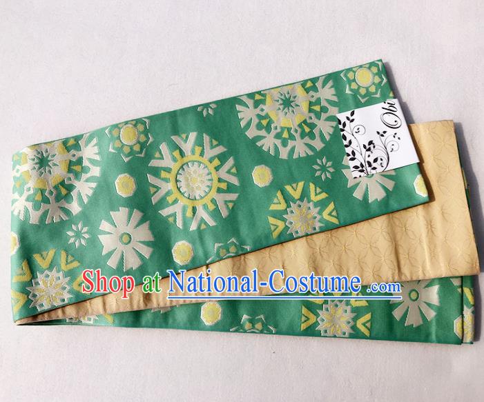 Japanese Traditional Double Side Round Pattern Green Yukata Waistband Asian Japan Handmade Kimono Belts for Women