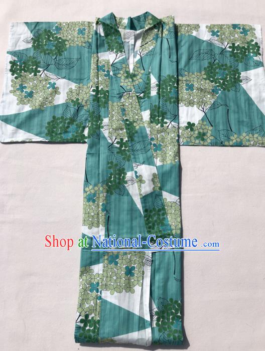 Traditional Japanese Classical Printing Hydrangea Green Kimono Asian Japan Costume Geisha Yukata Dress for Women