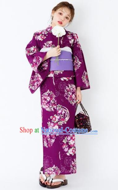 Traditional Japanese Classical Printing Petunia Purple Kimono Asian Japan Costume Geisha Yukata Dress for Women