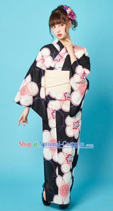 Japanese Classical Printing Plum Blossom Black Kimono Asian Japan Traditional Costume Geisha Yukata Dress for Women