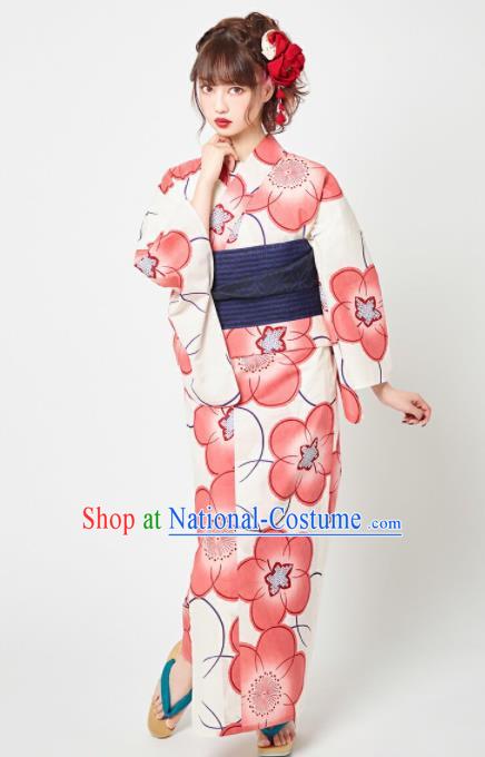 Japanese Classical Printing Red Plum Blossom Kimono Asian Japan Traditional Costume Geisha Yukata Dress for Women