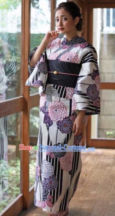 Japanese Traditional Printing Chrysanthemum Kimono Asian Japan Costume Geisha Yukata Dress for Women