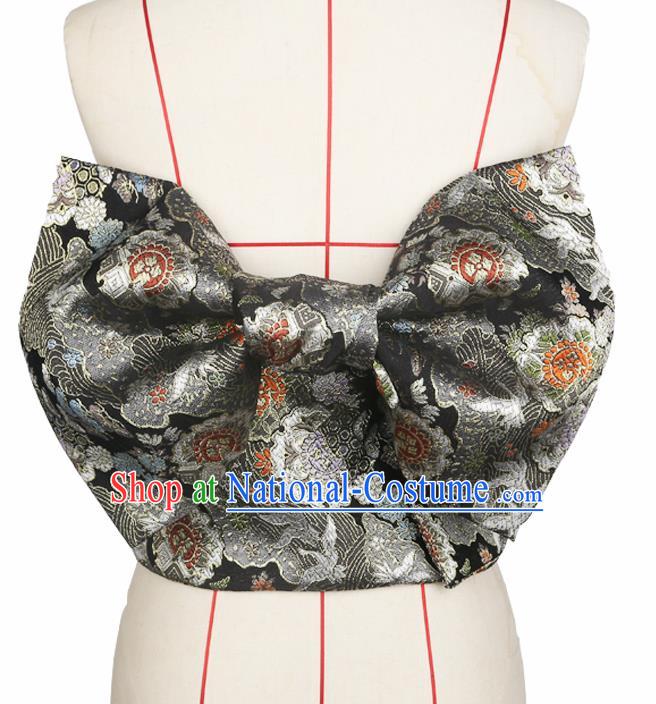 Japanese Traditional Black Brocade Bowknot Yukata Waistband Asian Japan Handmade Kimono Belts for Women