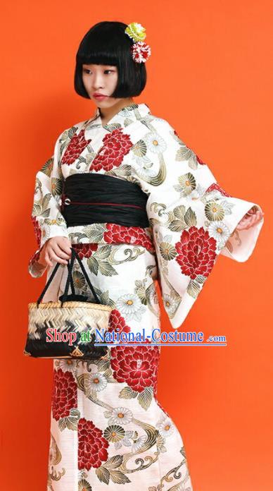 Japanese Classical Printing Red Peony Kimono Asian Japan Traditional Costume Geisha Yukata Dress for Women