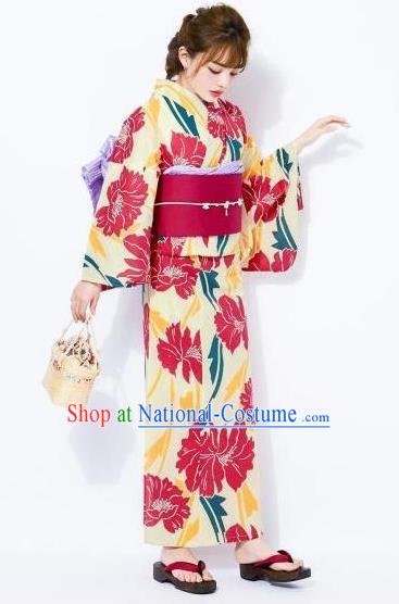 Japanese Classical Printing Yellow Kimono Asian Japan Traditional Costume Geisha Yukata Dress for Women