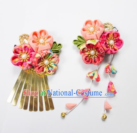 Japanese Traditional Geisha Kimono Hair Accessories Japan Yukata Pink Sakura Tassel Hair Claws for Women