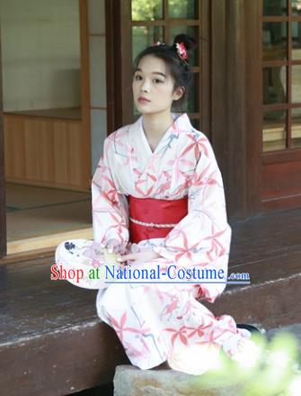 Japanese Classical Printing Red Maple Leaf Kimono Asian Japan Traditional Costume Geisha Yukata Dress for Women