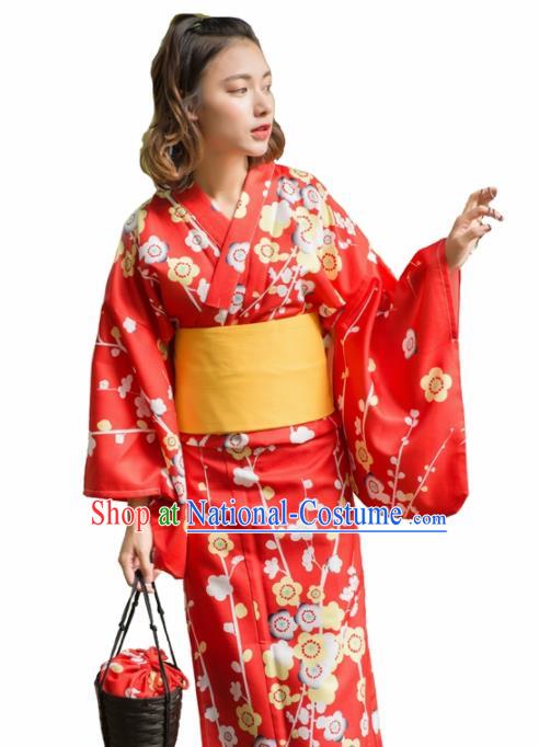 Japanese Classical Printing Plum Blossom Red Kimono Asian Japan Traditional Costume Geisha Yukata Dress for Women