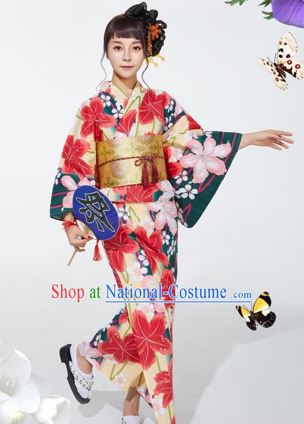 Japanese Classical Printing Lily Flowers Yukata Robe Asian Japan Traditional Costume Geisha Furisode Kimono Dress for Women