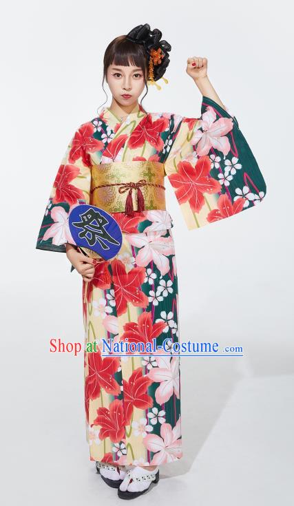 Japanese Classical Printing Lily Flowers Yukata Robe Asian Japan Traditional Costume Geisha Furisode Kimono Dress for Women