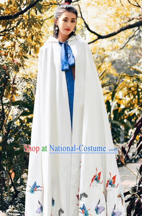 Ancient Chinese Ming Dynasty Historical Costume Traditional Palace Princess Embroidered Butterfly White Cloak for Women