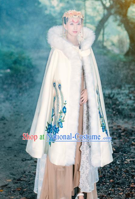 Ancient Chinese Ming Dynasty Historical Costume Traditional Palace Princess Embroidered Peony White Cloak for Women