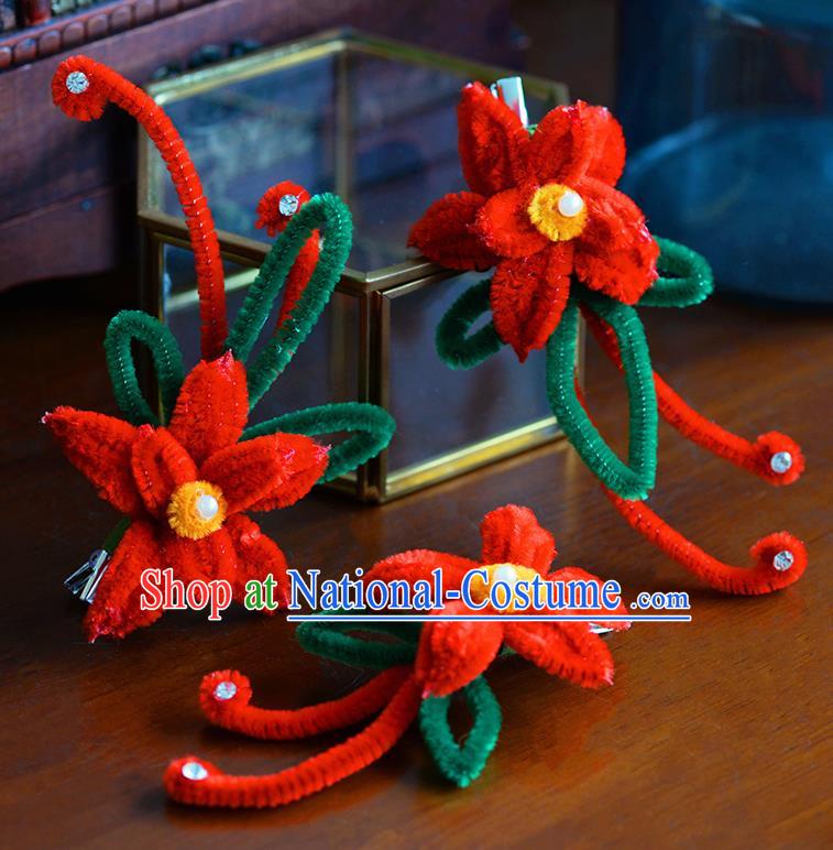 Traditional Chinese Ancient Palace Red Velvet Flower Hair Claws Hairpins Handmade Wedding Hair Accessories for Women